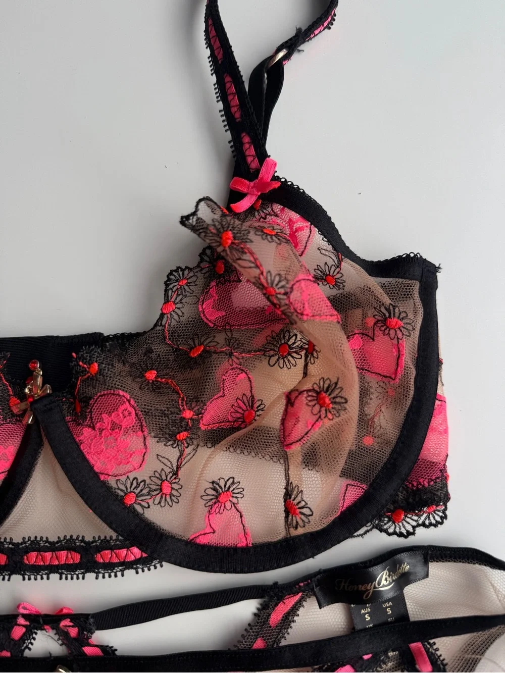 Honey Birdette Set Pasha Pink Black bra 8f 30g sister cup size 32ddd panty S